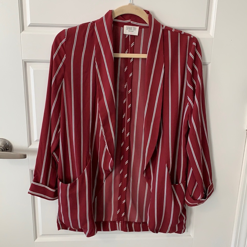 Sienna Sky Burgundy and White Striped Open Blazer